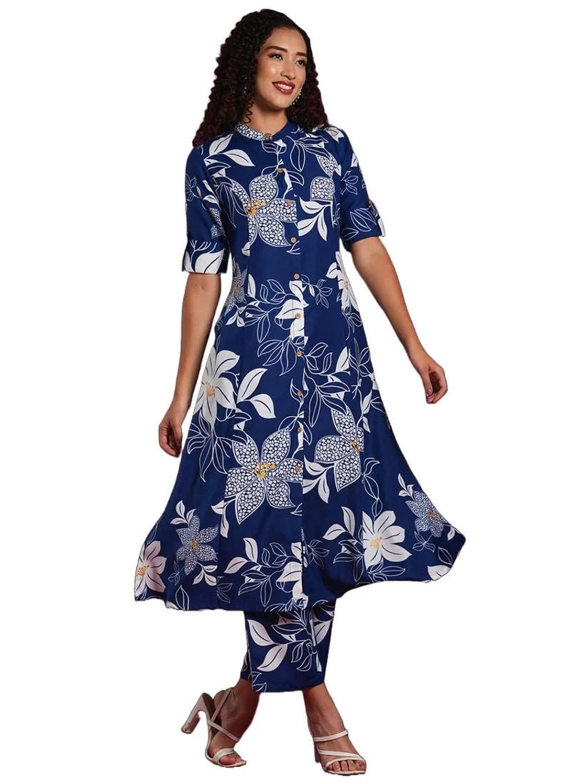 جو سريكي كورتا مستقيمة مطبوعة من GoSriKi من رايون فيسكوز مع بنطال (سونوني بلو-VKS04-GS_5XL_Blue_XXXXX-كبير)